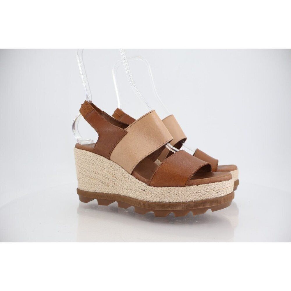 Sorel Joanie II Slingback Wedge Women Size 9.5 Brown Tan Leather Chunky Sandals